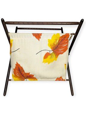 Mid-Century Leaf Print Fabric Knitting Basket Fall Autumn Wood Freestanding